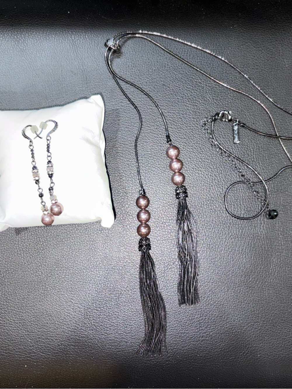 White House Black Market Black Tassel Necklace and Mauve Pearl Earrings Set